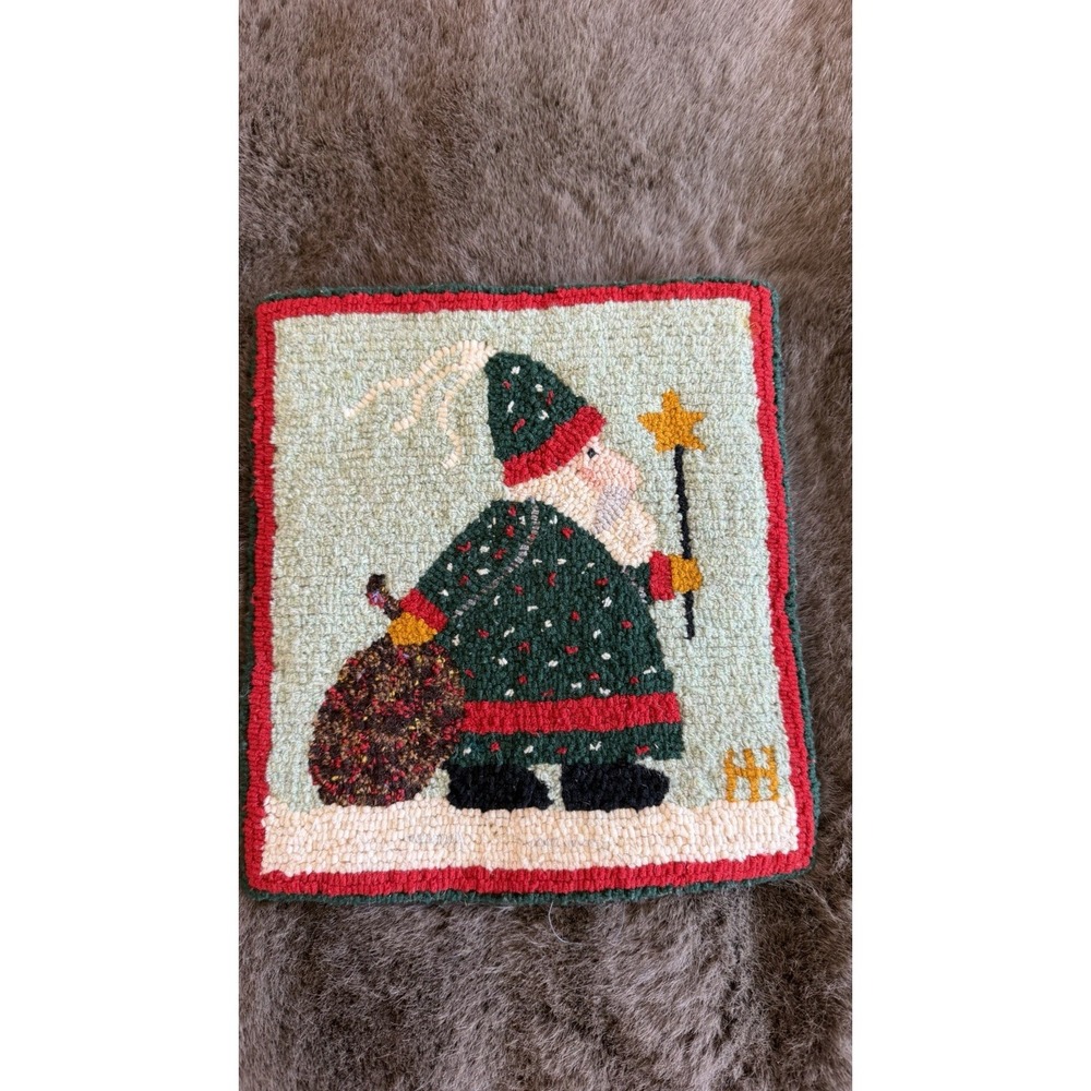 Primitive Hand Hooked Santa Christmas Rug Chair Wall Art Folk Art 10x9"